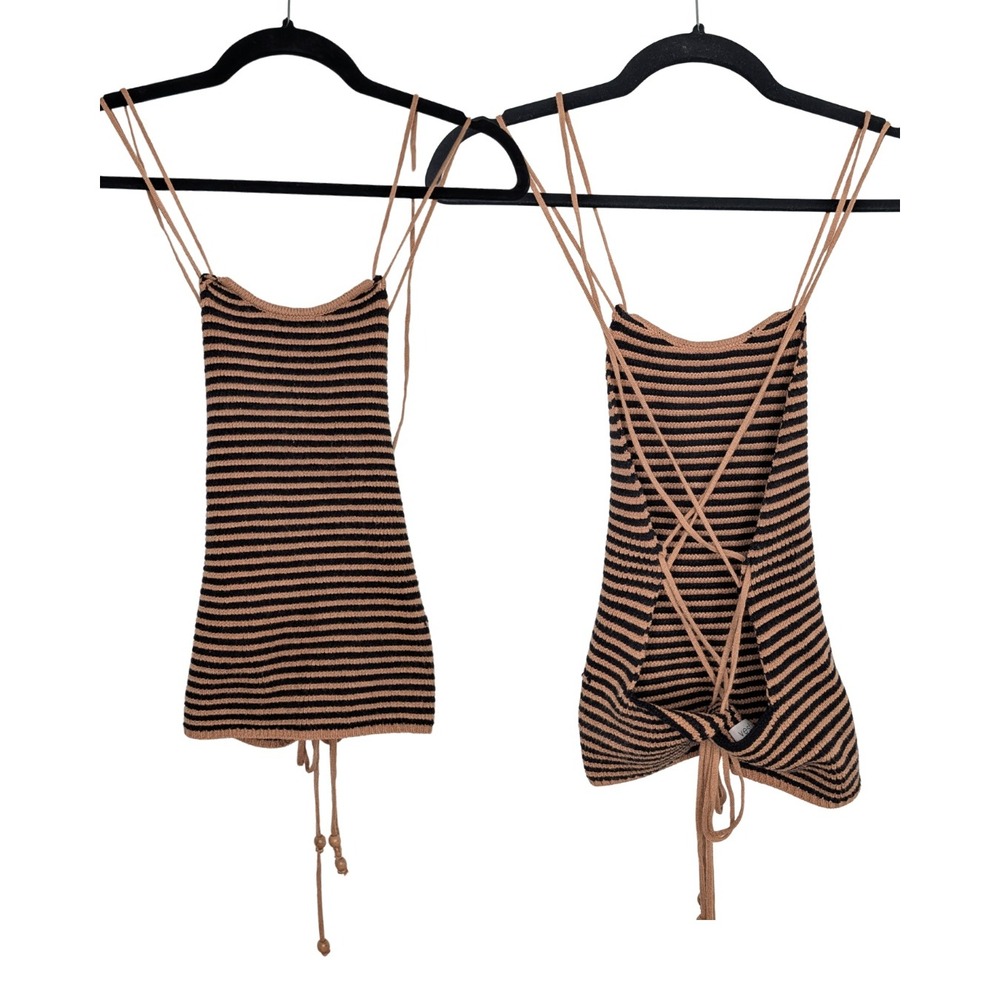 Vestique Women Tan Black Striped Knit Lace Up Open Back Camisole Top M MMT1302